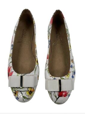 Aerosoles White Multicolor Floral Print Bow Accent Leather Ballet Flat Women's 7